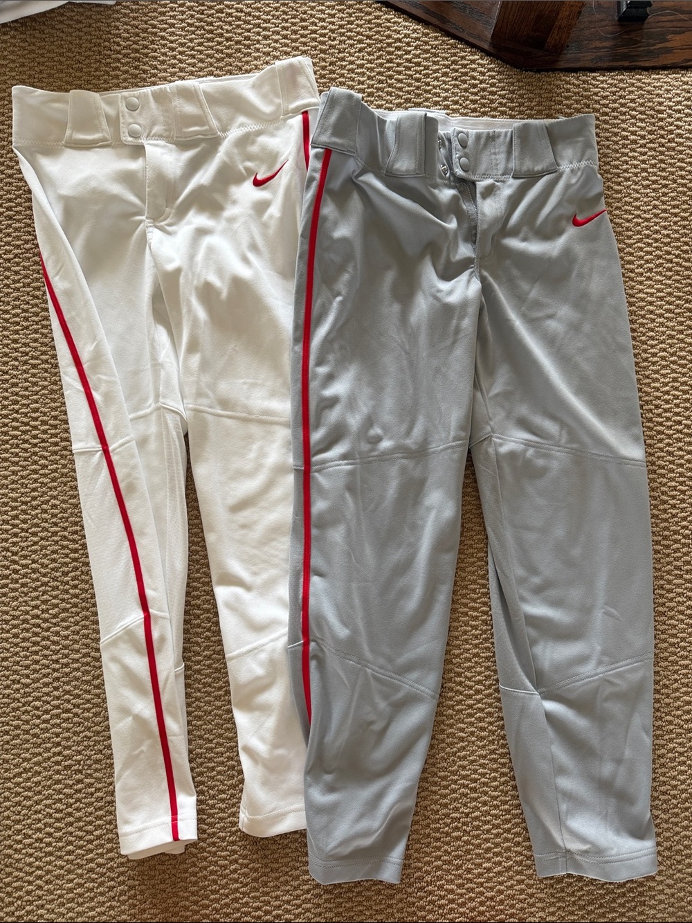 Nike Kids Baseball Pants in White & Gray with Red Trim